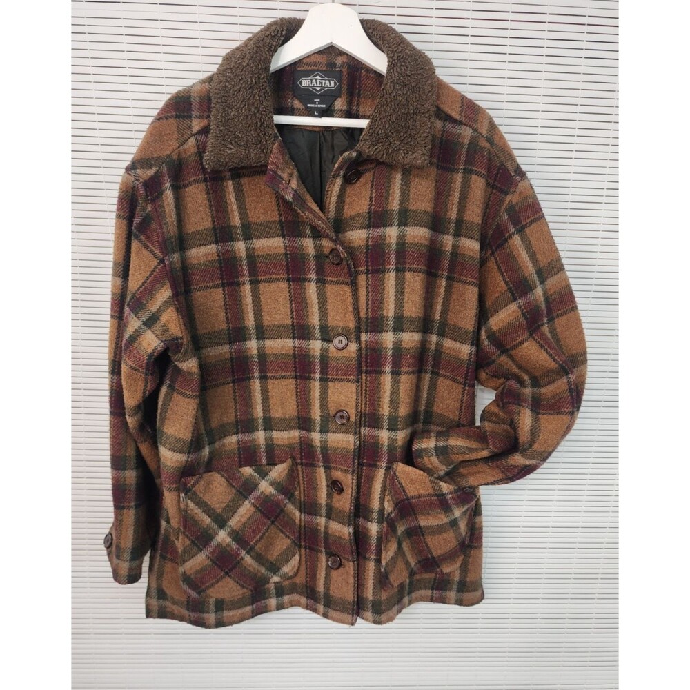 Vintage 1970s Braetan Brown Plaid Wool Blend Sherpa Large Work Chore Jacket